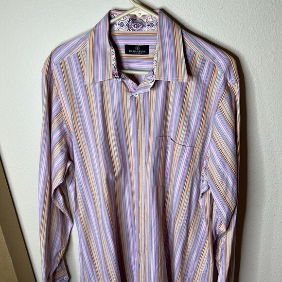 Bugatchi Uomo Striped Pink Multi Color Size XL Shirt - Picture 10 of 11